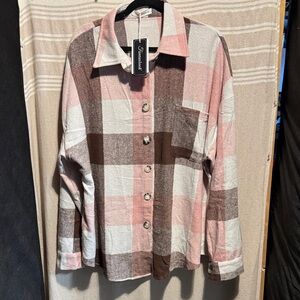Plaid Long Sleeve Shirt - Pink, Brown, and White